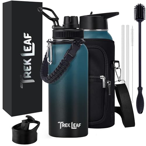 Travel Water Bottle with Carrying Bag, 3 Lids (Spout, Straw, Flip), and Bottle Brush; Leak Proof, Quality, Vacuum Insulated, Stainless Steel (Cascade Shadow, 32 oz) - color: Cascade Shadow, size: 32 Ounces