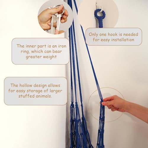 Stuffed Animal Storage Hammock Corner Hanging Net Stuffy Animal Hammock Macrame Toy Display Plush Toy Holder for Kid Bedroom Decor Boho Nursery Playroom Organizer (Blue) - color: Blue