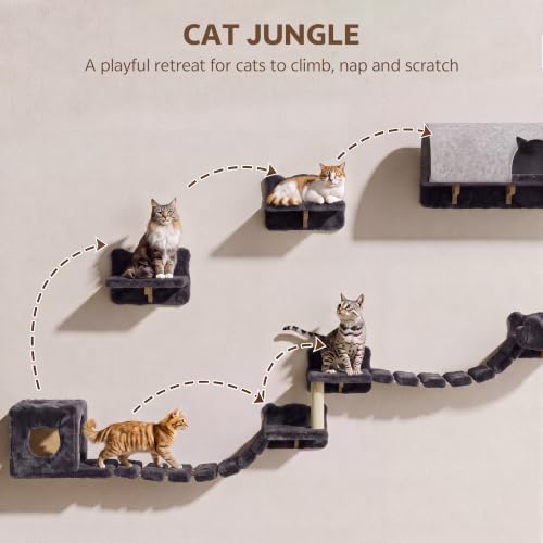 16-in-1 Cat Wall Shelves, Cat Furniture w/Tunnel & Bridge, Grey | Wall Mounted Cats Shelf Set with Plush Fabric, Cat Climbing Wall Systems for 16 Inch Drywall, with Scratching Posts, Condos - color: Grey, size: 16-in-1