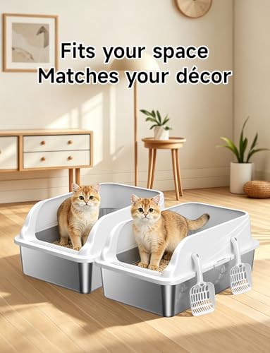 2PACK Stainless Steel Litter Boxes with Lid, Large Metal Pan Include Scoop | Odor Free Litter Pan Include Scoop Easy Cleaning Anti-Scratch Kitty Cat Box Anti-Urine Leakage, Non-Sticky - color: Grey 2PACK XL