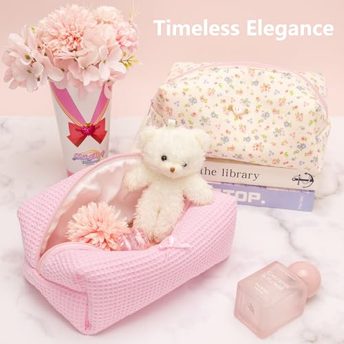 PAZIMIIK Cozy Makeup Bag for Women,Zipper Cosmetic Pouch,Waffle Candy Pink | Soft Cosmetic Organizer for Makeup,Skincare,Toiletries,Daily Beauty Essentials,Purse,On-the-Go,Bridesmaid Gifts - color: Waffle Check Pink