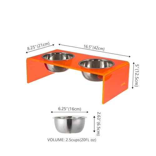 DBL2000E Keaton 5" Small/Medium Modern Acrylic Rectangular Elevated Pet Feeder with 20oz 2-Stainless Steel Bowls, Pink/Chrome - color: Pink/Chrome, size: 20 Ounces (5" Cups 2-Pack)