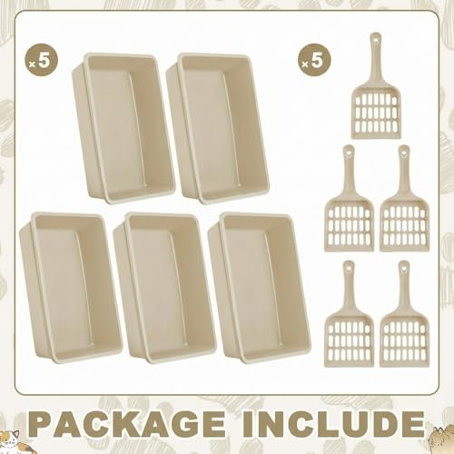 Amyhill 5 Pcs Open Cat Litter Box Kitten Litter Pan with 5 Scooper Medium Plastic Pet Tray Durable Nonstick Kitten Box for Indoor Pets Cats Rabbit Supply Easy to Clean, 14.6x10.6x3.4 Inch (Brown) - color: Brown