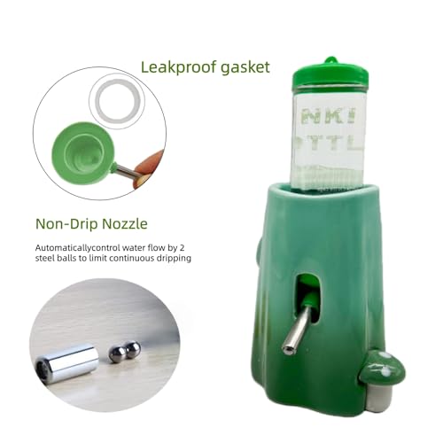 Hamster Water Bottle Adjustable Ceramic Hamster Water Dispenser No Drip Feeder with Food Bowl for Mice Rats Hedgehog Chinchilla Gerbil - color: Green