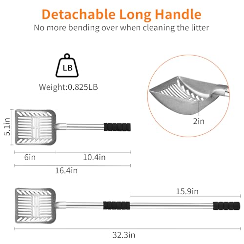 Metal Cat Litter Scoop: Detachable Long Handle Litter Scooper | Heavy Duty Stainless Steel Pooper Scooper w/Deep Shovel-Non Stick Sifter w/Foam Padded Grip-No Bending w/Storage Hook - color: silver shovel