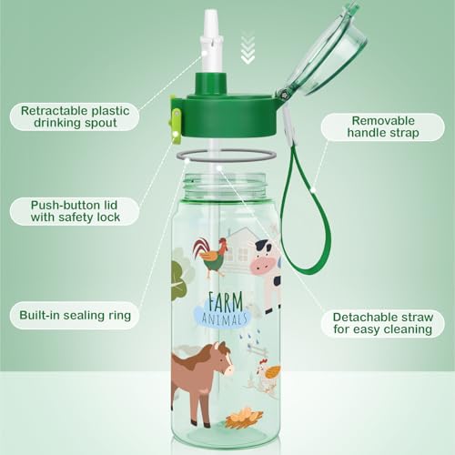 Tritan Kids Water Bottle for School, 18.6 Oz Leakproof Toddler Water Bottle | with a Pop-up Detachbale Straw, 2-in-1, Dishwasher Safe, 1-Pack, Farm Animals - color: Farm Animals