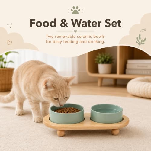 Havniva Raised Cat Bowl 5.1” Elevated Ceramic Cat Food and Water Bowl Set | Cat Bowls Elevated, Whisker Friendly Cat Bowl, Non-Slip Wood Stand, Food-Grade Ceramic, Wide Opening, Dishwasher Safe - color: Light Green, size: 5.1inch - 2 Bowls+Stand