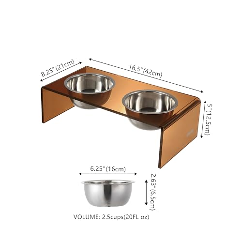 DBL2000D Keaton 5" Small/Medium Modern Acrylic Rectangular Elevated Pet Feeder with 20oz 2-Stainless Steel Bowls, Amber/Chrome - color: Amber/Chrome, size: 20 Ounces (5" Cups 2-Pack)