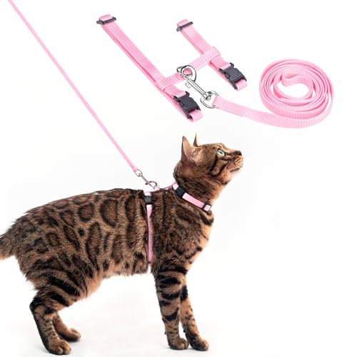 PUPTECK Adjustable Cat Harness and Leash Set Escape Proof Kitten Strap Collar for Walking Travel, Light Pink - color: Light Pink, size: Small