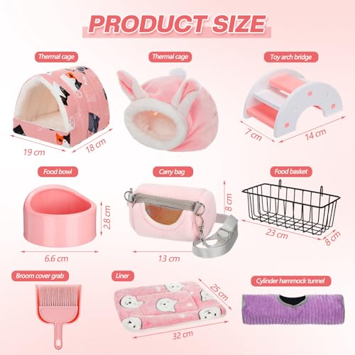 Teenyyou 24 Pcs Small Guinea Pig Starter Kit Essentials for Hamster Cage Accessories Toys House Bed Cage Cleaner Food Bowl Water Holder Carrier Bag Teething Toys Liner Tunnel for Beginner(Pink) - color: Pink