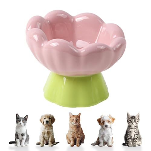 DIF DECO Ceramic Raised Cat Bowl, Pink Elevated Food Bowls for Food and Water Protecting Spine and Whiskelfriendly,Tulip Shape Cute Pet Feeder Dish for Indoor Cats and Small Doas(Height 4.1 inch) - size: Height 4.1 inch