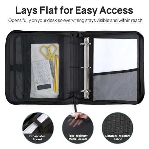 SUNEE Zippered Binder Bag with Handle, 2-Inch 3-Ring O-Ring, 500-Sheet Capacity, Includes Zip Pocket, 5-Tab Expanding File Folder, Multi-Pocket Organizer Binder for Middle School, Black - color: Black