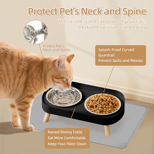 Elevated Cat Bowl with Food Mat, Raised Cat Food and Water Bowl Set for Indoor Cats, Splash Proof with 2 Stainless Steel Pet Food Bowls for Cats and Puppies,Whisker Fatigue and Dishwasher Safe (Black) - color: Cat Bowls with mat - black