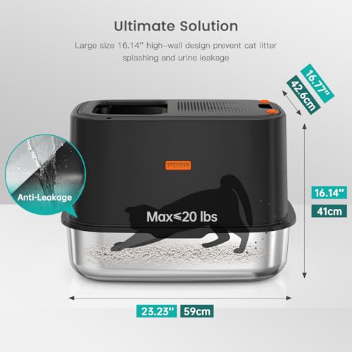 XL Stainless Steel Cat Litter Box with Lid, Top Entry, Mat & Scoop Included | XL for Big Cats, High Sides Enclosed Design, Anti-Urine Leakage, Non-Stick Odor-Free, Easy Clean, Reduce Litter Tracking - color: V-Black