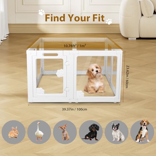Clear Acrylic Dog Playpen Indoor with Door - Easy to Assemble Foldable Pet Playpen for Small Dogs, Cats, Rabbits, Ferrets - Small Animal Whelping Crate Kennel Fence