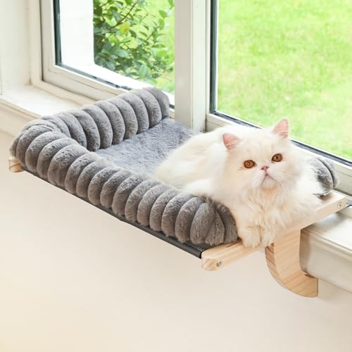 Cloud-Soft Cat Window Sill Perch with Zipper Designed Cushioned Bed, Supportive Cat Window Seat with Premium Solid Wood & Sturdy Metal Frame, Pet Hammock Bed for Large Cats (Medium, Gray) - color: Grey, size: Medium(21.7''x15'')