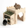 Wooden Rabbit House with Hay Feeder and Rooftop Platform | Compact indoor bunny hideout, enclosed lower room, open bottom, side hay rack and flat roof for rabbit enclosures - size: Small
