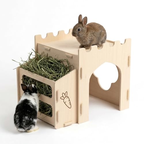 Wooden Rabbit House with Hay Feeder and Rooftop Platform | Compact indoor bunny hideout, enclosed lower room, open bottom, side hay rack and flat roof for rabbit enclosures - size: Small
