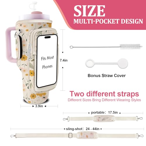Stanley Carrier Bag for Stanley 40oz/30ozTumbler with Phone with 2 Adjustable Strap,3 Pockets Bottle Stanley Cup Carrier Bag & Case,Accessories for Hiking Travelling - color: Floral Flower
