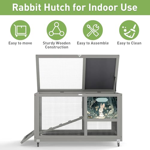COZIWOW Fashionable Wood 36In Rabbit Hutch Indoor on Wheels Bunny Cage Outdoor Rabbit Cage with Clean Tray, Openable Roof, Anti-Slip Ramp for Small Bunny Rabbit (Grey with Pattern) - color: Grey