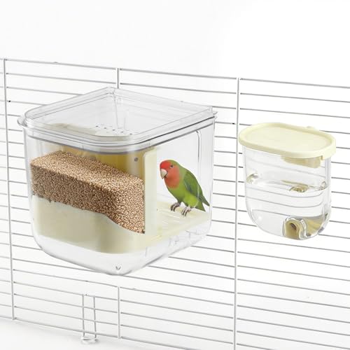 No Mess Bird Feeder Water Dispenser Set, Beige, 1 Set | Multifunctional Seed Feeder, Easy Cleanup Bird Cage Accessories - color: Beige, White
