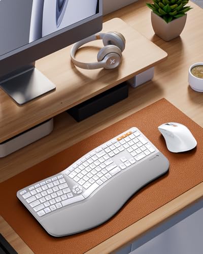 ProtoArc EKM01 Plus Wireless Ergonomic Keyboard Mouse Combo - White Silver | Full-size Split Keyboard with Cushioned Wrist Rest, Ergonomic Mouse, 3-Device Bluetooth/2.4G, USB-C Rechargeable - color: White Silver