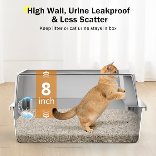 Stainless Steel Cat Litter Box with Lid, High-Sided Metal Litter Pan for Small Cats, Kitty Litter Box, Non-Stick & Odor-Resistant, Anti-Urine Leakage, Easy to Clean, Scoop Included - color: Silver Grey, size: S