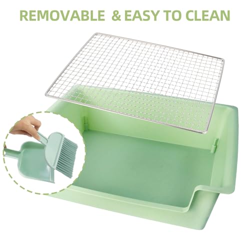 Rabbit Litter Box with Steel Grids, Low Entry Bunny Litter Pan with Hay Feeder & Broom, 15.4x11.2x4.7 inch for Rabbits Guinea Pigs Ferrets Small Animals (Green)