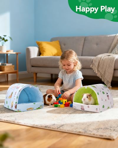 2 Pcs Guinea Pig Hideout Guinea Pig House,Washable Hamster Hideout Small Animal Cage Accessories for Mouse Chinchillas Hamsters Hedgehogs Ferrets Bearded Dragons and Rats - color: Beige+Blue, size: 9.4*9.4in