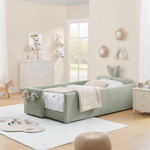 KEIKI Twin Size Upholstered Platform Bed Frame with Cute Rabbit Ear Shaped Headboard and Pocket, for Boys and Girls, Platform Bed with Guardrail and Slats, No Box Spring Required, Easy Assembly, Cyan - color: Cyan, size: Twin
