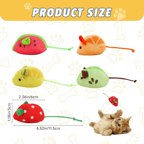 Andiker 5 Pcs Cat Mouse Toys, Soft Cat Plush Toy with Fruit Pattern Interactive Cat Toys for Indoor Cats and Kittens to Bite Chew Scratch