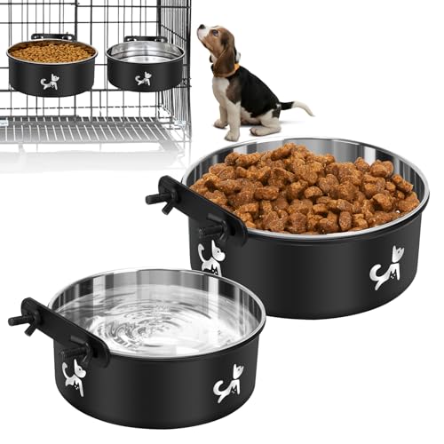 Dog Crate Water Bowl No Spill, 2 Pack Hanging Dogs Kennel Water Food Bowls, Stainless Steel Mountable Pet Bowl Metal Feeder Coop Cup Cage Accessories for Puppy Cat Rabbit Guinea Pigs Ferret Bird - color: Black