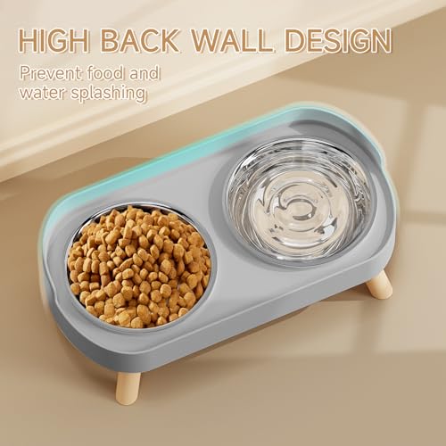 Elevated Cat Bowl, Raised Cat Food and Water Bowl Set for Indoor Cats, Splash Proof with 2 Stainless Steel Pet Food Bowls for Cats and Puppies, Whisker Fatigue and Dishwasher Safe - Grey - color: Cat Bowls-Grey