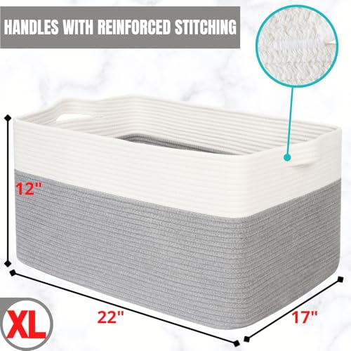 22in Extra Large Blanket Basket Holder Living Room, Rectangle Rope Woven Storage Basket with Handles for Laundry, Pool Towels, and Shoes, Dog Toy Organizer Bin Box, Gray - color: Gray