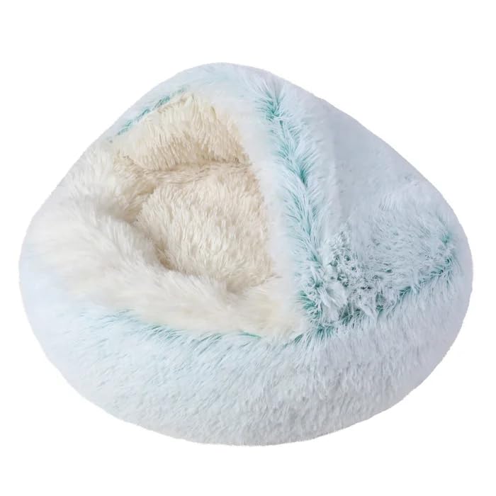 Round Fluffy Hooded Cat Bed Cave, Anti-Anxiety Cave Bed with Blanket | Hooded Cat Bed Cave, Cozy Cuddler Luxury Puppy Pet Bed, Anti-Slip Bottom and Machine Washable - color: Green, size: Medium