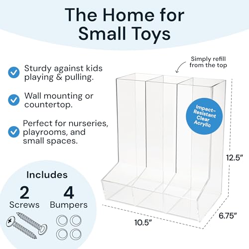 Triple Toy Dispenser - Clear Acrylic, 3-Compartment | 3-compartment acrylic organizer - wall or countertop - Use for kids foam blasters, cars, snacks & toys - size: Triple Divided