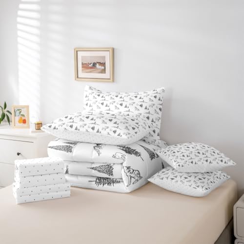 Erosebridal Woodland Animals 7 Piece Comforter Set Full Size Bear Deer Wolf Hunting Theme Bedding Set for Kids Child | Rustic Cabin Lodge Decor Sheets Farmhouse Wildlife Mountain Black White Quilt - color: Black White, size: Full