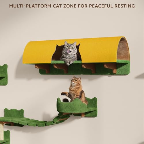 26-in-1 Cat Wall Shelves with Cat Tree, 40''L Tunnel, Moon, Green | Wall Mounted Cats Furniture Set with Plush Fabric, Cat Climbing Systems for 16 Inch Drywall, with Scratching Posts, Bridge - color: Green, size: 26-in-1