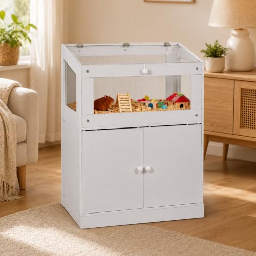 Hamster Cage with Storage Cabinet, Acrylic Flip-Top Small Animal Habitat Furniture, Ventilated Mesh Enclosure with Front Access Door, Space-Saving Modern Pet Cage for Hamsters & Small Pets