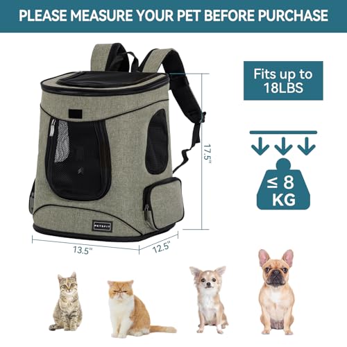 Petsfit Dog and Cat Backpack Carrier, Padded Waist Support, Up to 18 lb | 13.5 x 12.5 x 17.5 in; reinforced frame, 600D Oxford, 4 mesh panels, lockable zippers, safety tether and washable mat. - color: AGreen