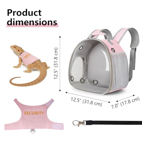 Bearded Dragon Carrier Backpack with Security Printing Harness Set, Reptile Lizard Travel Carrier (Pink, Security Harness) - color: Pink