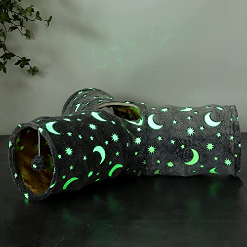Cat Tube Tunnel with Plush Ball Toys Collapsible Self-Luminous, for Cat Small Pets Bunny Rabbits, Kittens, Ferrets,Puppy and Dogs Grey Moon Star 3 Way - size: 3 Way
