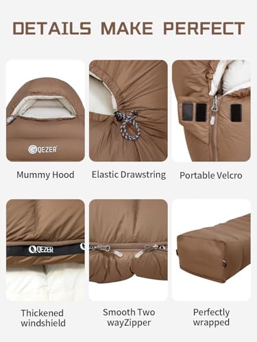 0 Degree Down Sleeping Bag for Adults,Cold Weather Backpacking | 650 Fill Power Down, 4-Season Use, Large Lightweight Compact Carry, Camping Hiking Backpacking - color: 0 Degree-Coffee