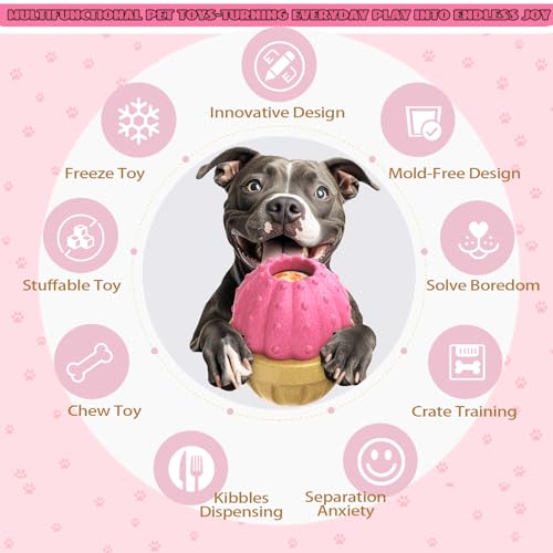Frozen Treat Dispensing Dog Toy for Aggressive Chewers, Indestructible Chew Toys, Slow Puzzle Feeder for Small Medium Large Breed to Keep Them Busy, Reduces Anxiety, Easy to Clean, Pink - color: Pink
