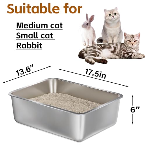 Stainless Steel Litter Box -6in High Side, | Metal Litter Box for Cat/Kitty/Rabbits，Stainless Steel Cat LitterBox-Metal PanToilet,No Smell, Non Stick, Easy Clean - color: M - 17" L x 13" W x 6" H