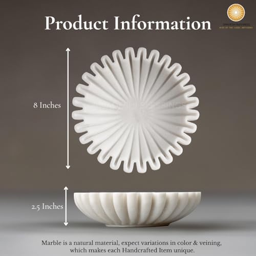 SWADESHI BLESSINGS Handcrafted Marble Ruffle Bowl for Home Decor, 8" | 100% Real White Marble, Catch-all Scalloped Fluted Decorative Bowl for Ring Dish, Fruit Bowl, Coffee&Dining Table, Gift-Ready - size: 8 Inches
