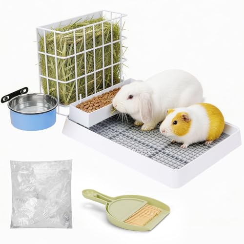 3 in 1 Rabbit Litter Box with Hay Feeder, Bunny Litter Box with Metal Hay Feeder and Hanging Water Bowl for Bunny, Guinea Pigs, Chinchillas and Other Small Animals