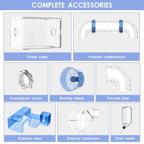 Hamster Cage,Clear Modular Habitat with Tube for Dwarf Hamster | 15.74"x10.03"x19.29", expandable hamster enclosure with small animal cage design, wheel, bottle and bathroom set included