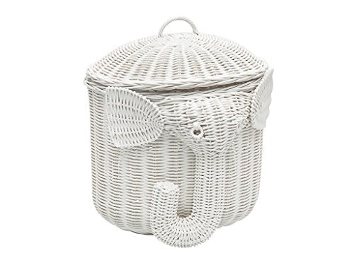 KOUBOO Rattan Elephant Storage Animal Shaped Handwoven Cloths with Lid Decorative Storage Bin Fruit Container Bedroom Shelf Organizer White