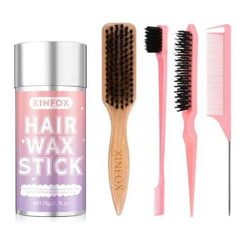 Hair Wax Stick, 5PC Boar Bristle Slick Back Hair Brush, Wax Stick for Flyaways, Rat Tail Comb Edge Brush Styling Tool Set Accessories for Women Girls(Pink) - color: 5 Piece (Pink)